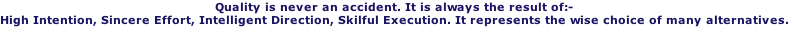 Quality is never an accident. It is always the result of:- 
High Intention, Sincere Effort, Intelligent Direction, Skilful Execution. It represents the wise choice of many alternatives.

